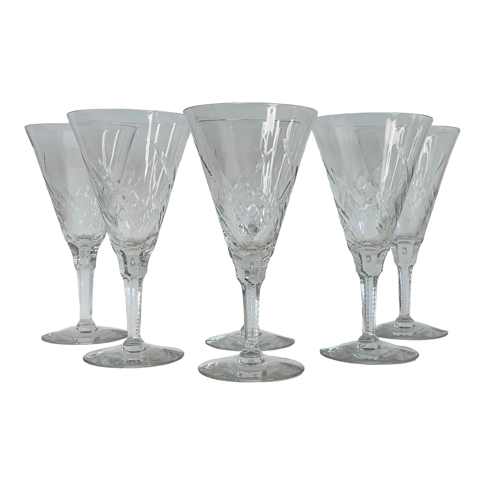 1930s Art Deco Hand-Cut Clear Glass Champagne Stems- Set of 6 (1 of 7)