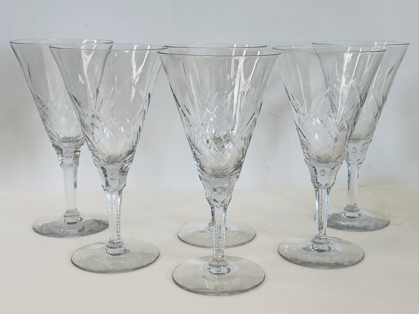 1930s Art Deco Hand-Cut Clear Glass Champagne Stems- Set of 6 - 2