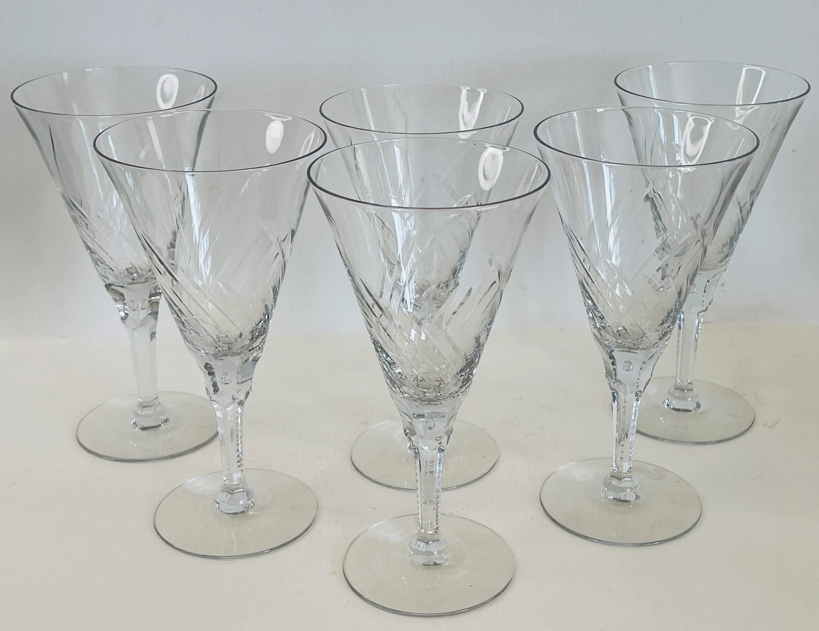 1930s Art Deco Hand-Cut Clear Glass Champagne Stems- Set of 6 - 3