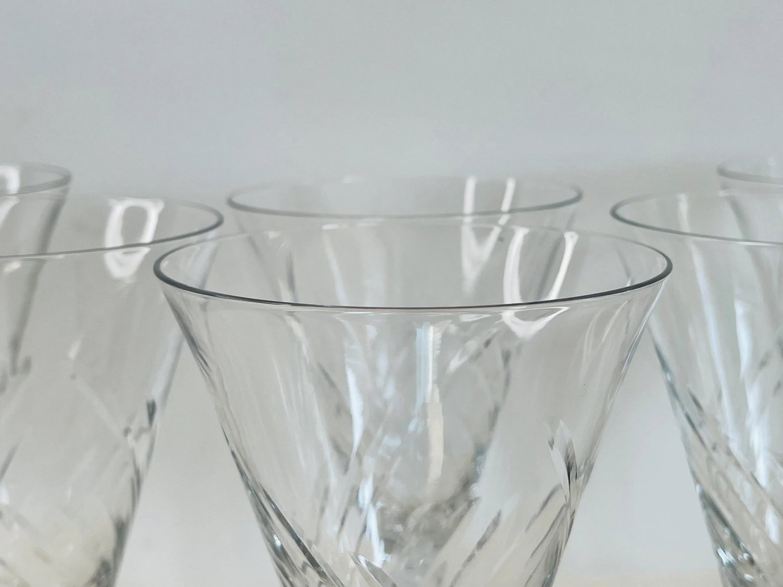 1930s Art Deco Hand-Cut Clear Glass Champagne Stems- Set of 6 - 7