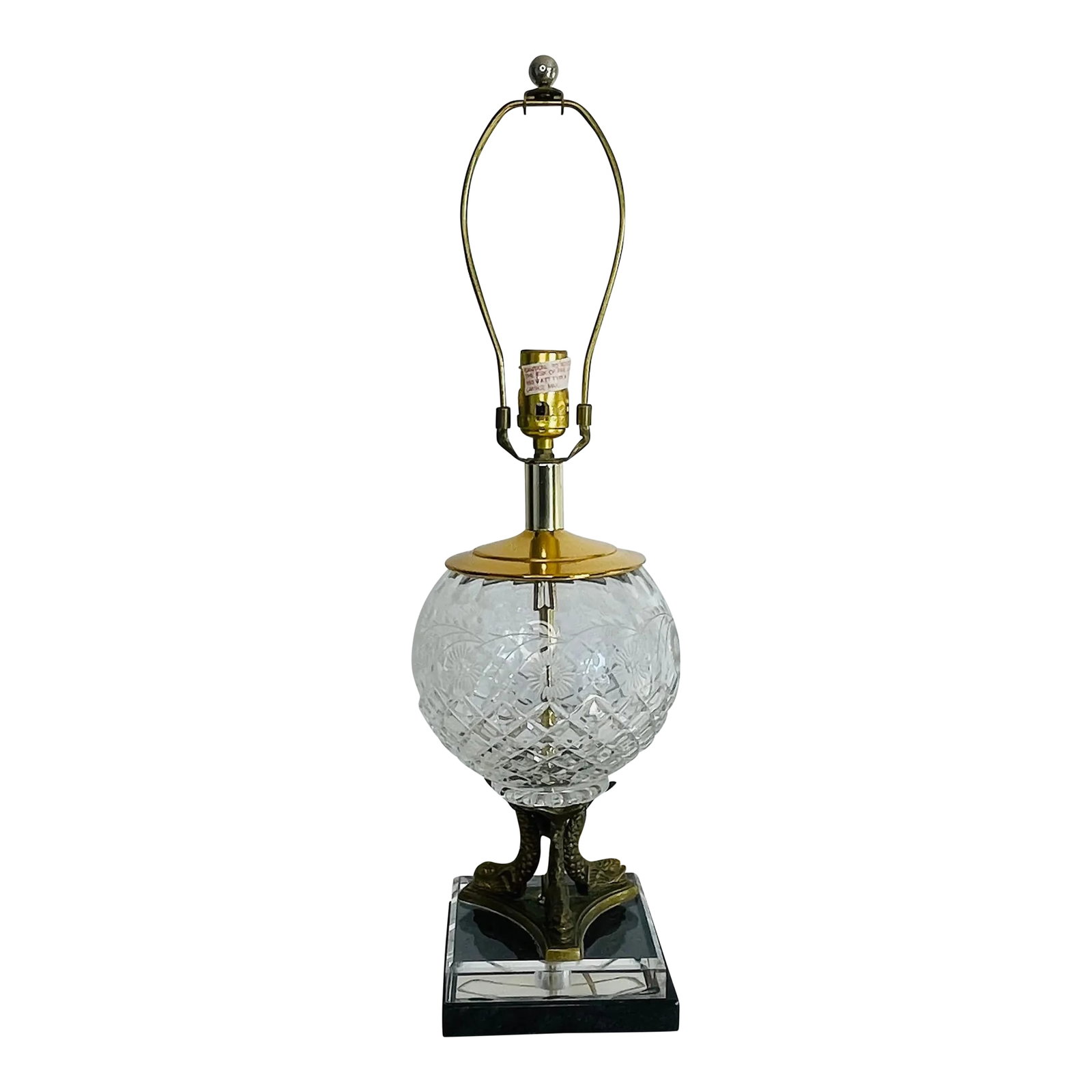 Vintage 1980s Floral Glass & Brass Dolphin Table Lamp: Vintage 1980s floral glass and brass dolphin table lamp. The lamp base is black granite and clear lucite with brass dolphins on top. The lamp is very heavy and solid. Wired for the US and in working c