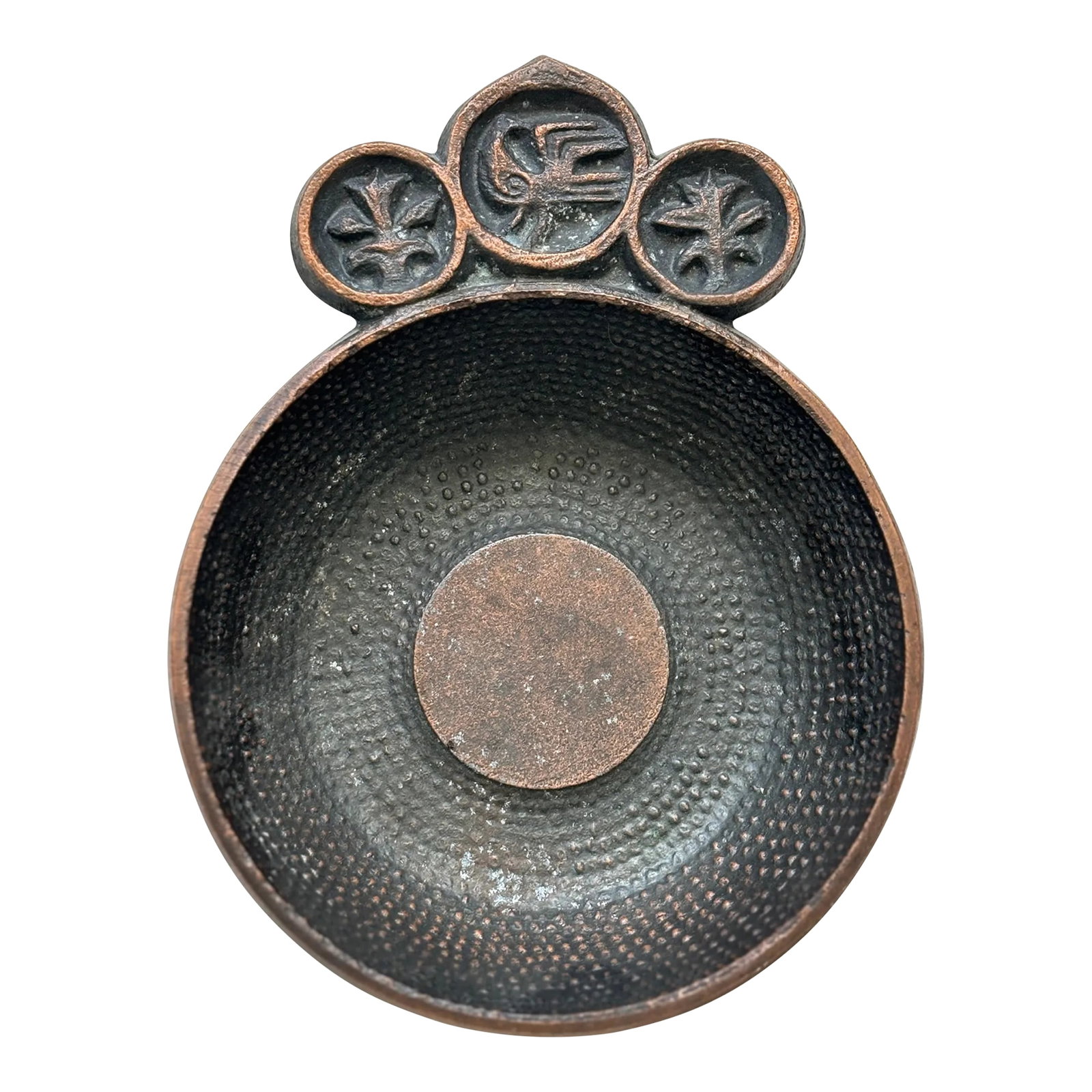 Mid-Century Brutalist Cast Copper Vide Poche / Catch All: Nicely cast copper vide poche with three asymmetrical circular protrusions, each with a primitive art motif; a bird and two trees. MAKER'S MARK: Abstract mark which appears to be a group of symbols