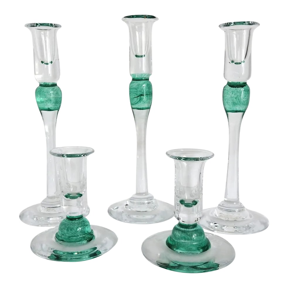 1990s Jerpoint Glass Studio Hand Blown Candle Holders- Set of 5: Vintage artisan hand blown clear and emerald green glass candlestick holders for tapper candles 1" in diameter. Made in Ireland by Jerpoint Glass Studio. Contemporary romantic design from 1990s. Set
