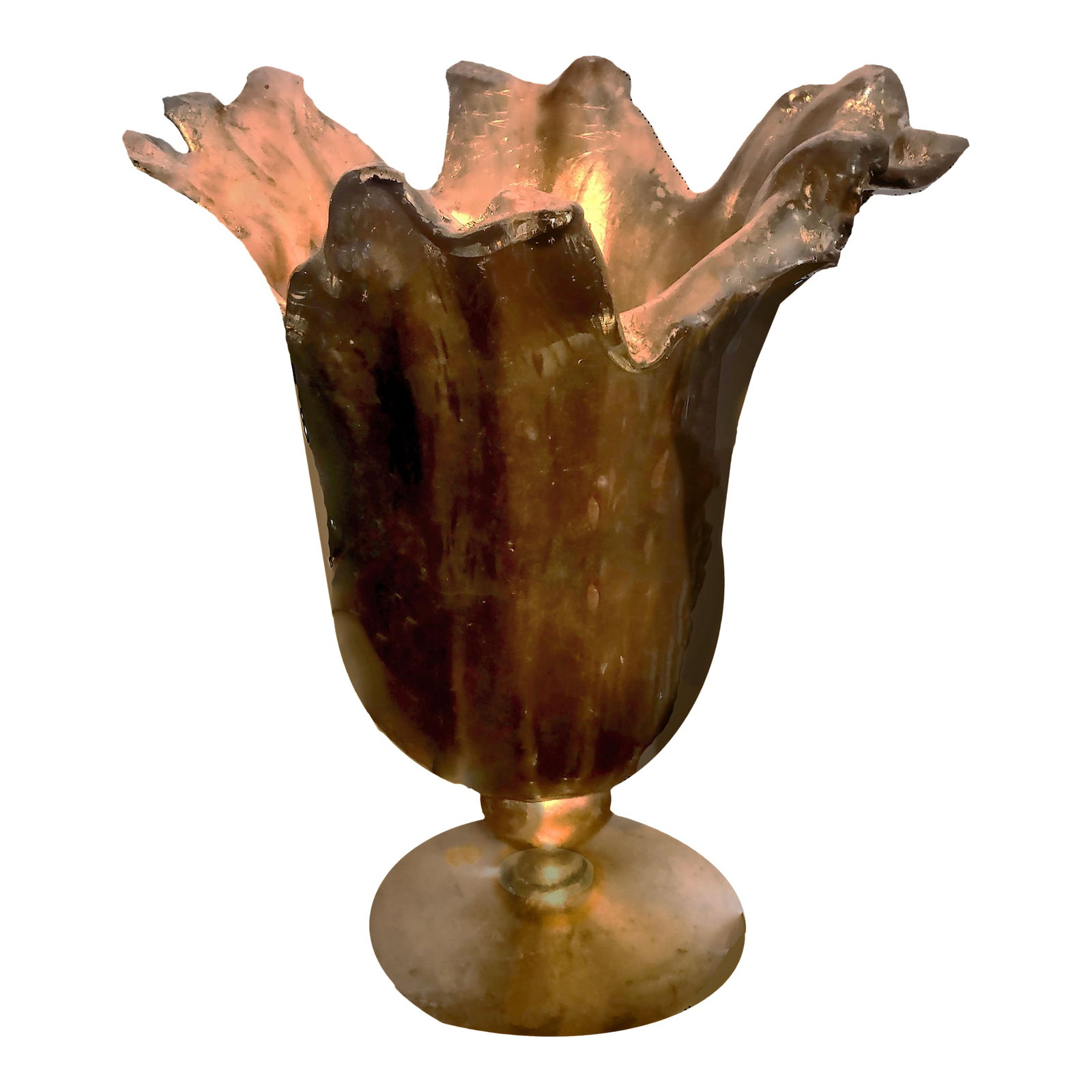 Vintage 16.5" Murano Lavorazione Art Glass Parcel Gilt Wrapped Pedestal Shell Vase: A vntage lavorazione (made by hand) art glass centerpiece vase with a pedestal base is 16.5" tall. It has a Hollywood Regency style motif and has a shell-like form which can also be described as havin