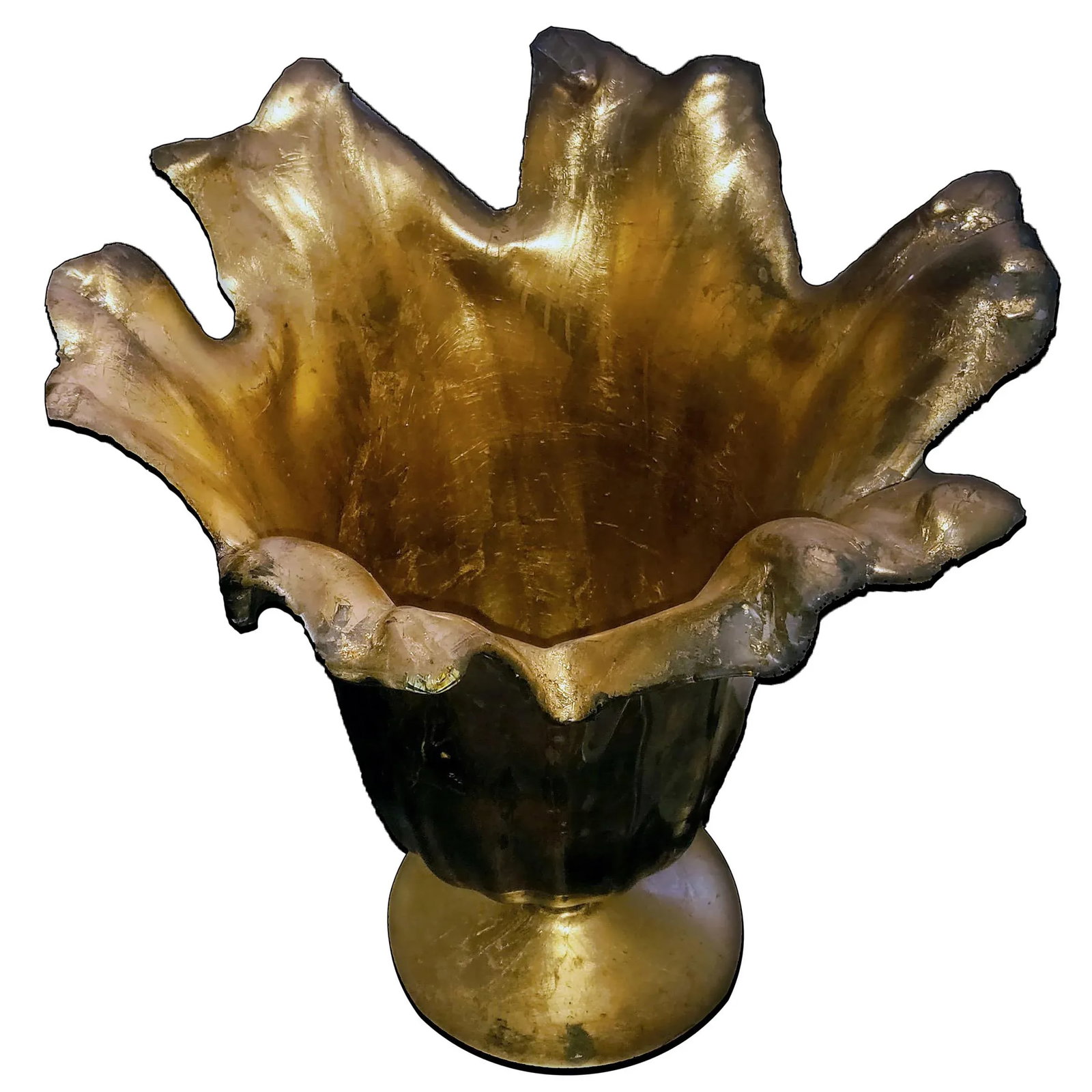 Vintage 16.5" Murano Lavorazione Art Glass Parcel Gilt Wrapped Pedestal Shell Vase - 5