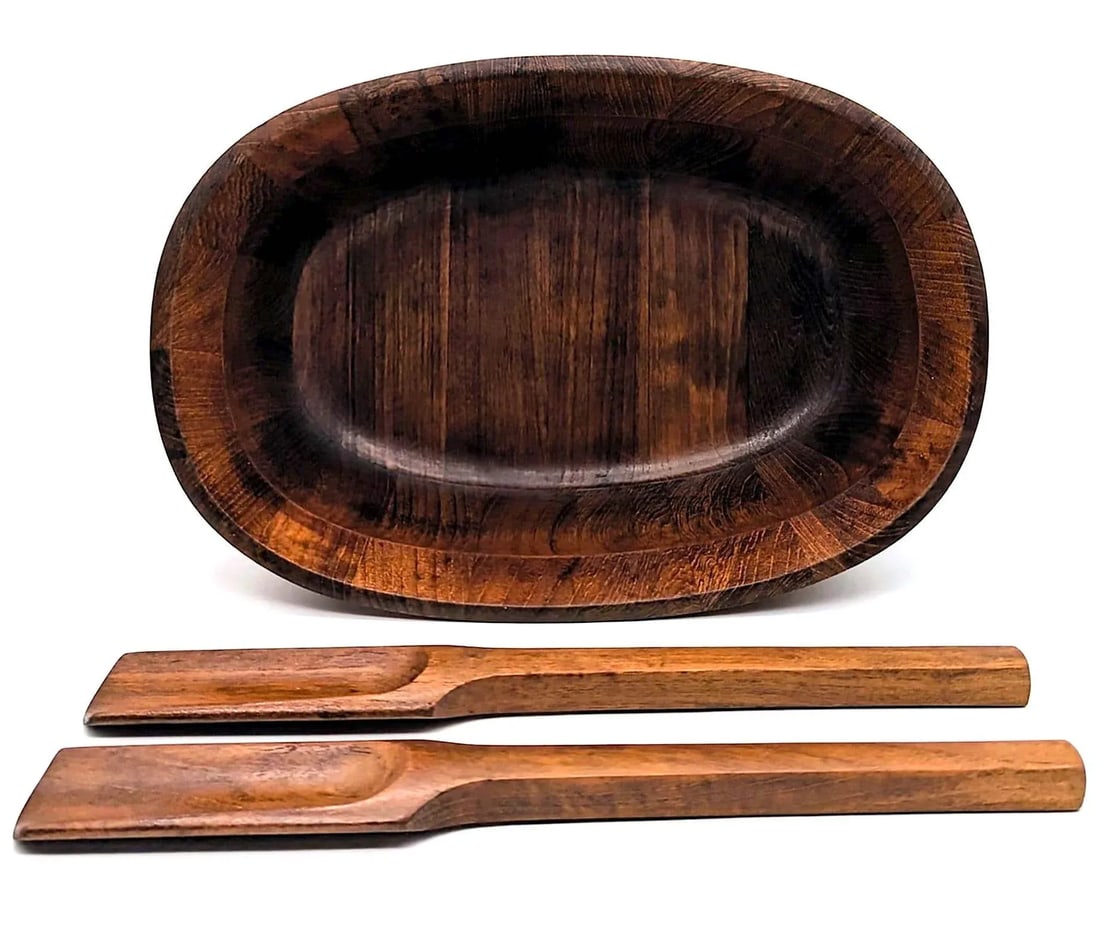 Mid 20th Century Dansk Oval Staved Teak Wood Bowl and Serving Utensils - 2