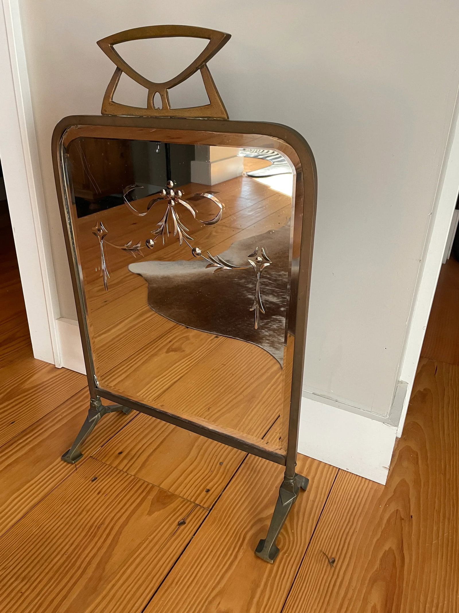 1900s Victorian Art Nouveau Brass Mirror Fire Screen - 11