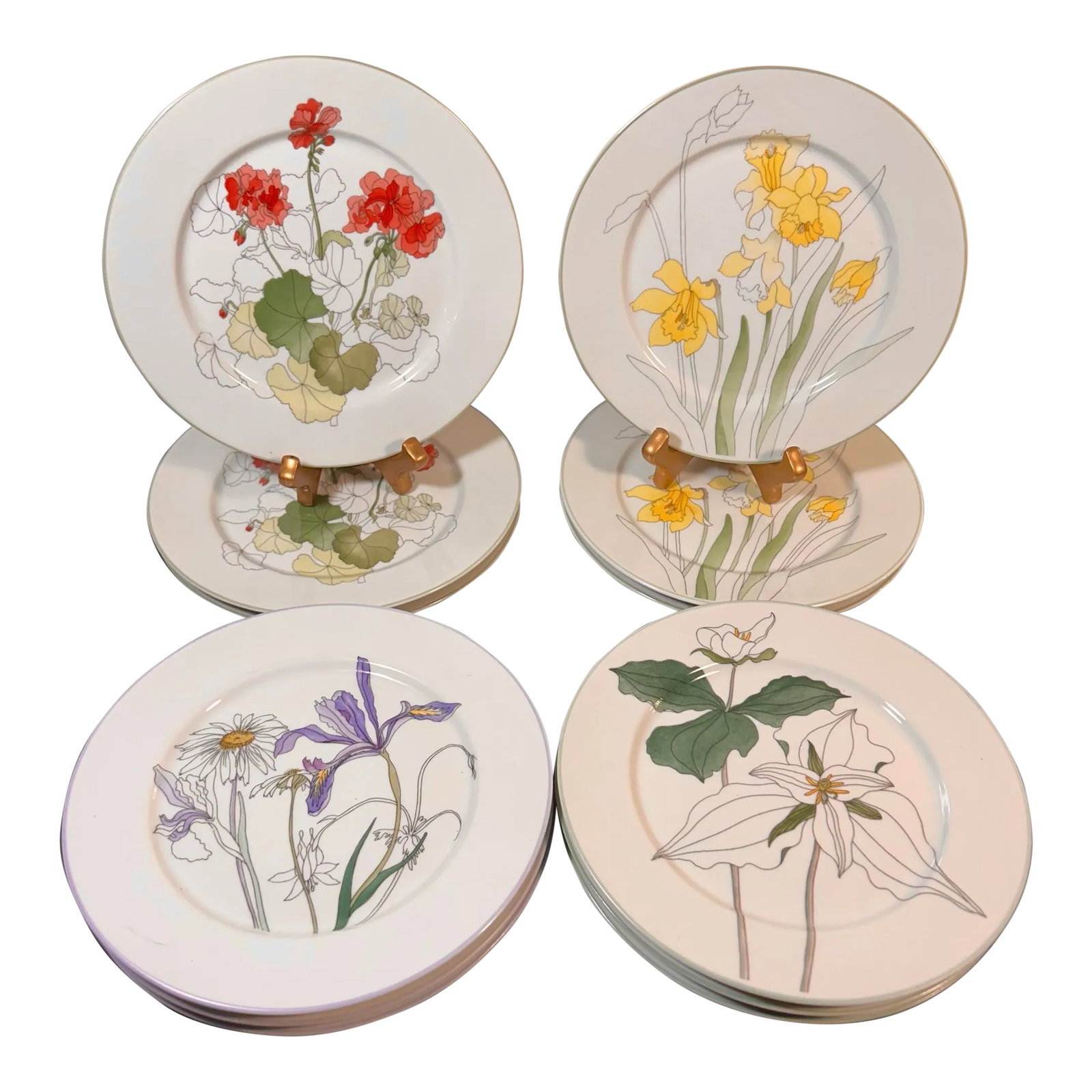 Set of 12 8" Salad Plates by Block Spal Portugal ~ Floral Watercolor by MaryLou Goertzen: Beautiful set of 12 8" salad plates made by Block Spal, Portugal. Set features three floral patterns be MaryLou Goetzen. Includes 3 each, daffodil, geraniums, hillside ( Iris & Daisy), and trillium.