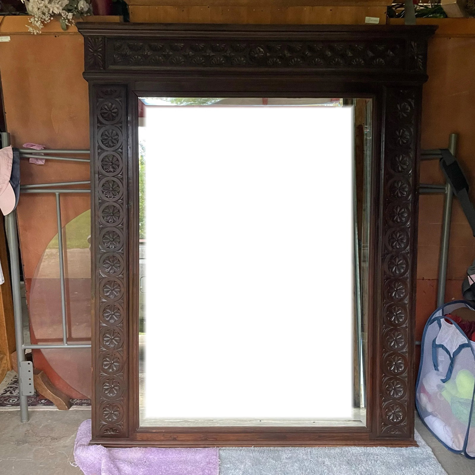 Victorian Hand-Carved Wall Mirror C. 1870-1900 - Ornate Floral & Fan Motifs - 2