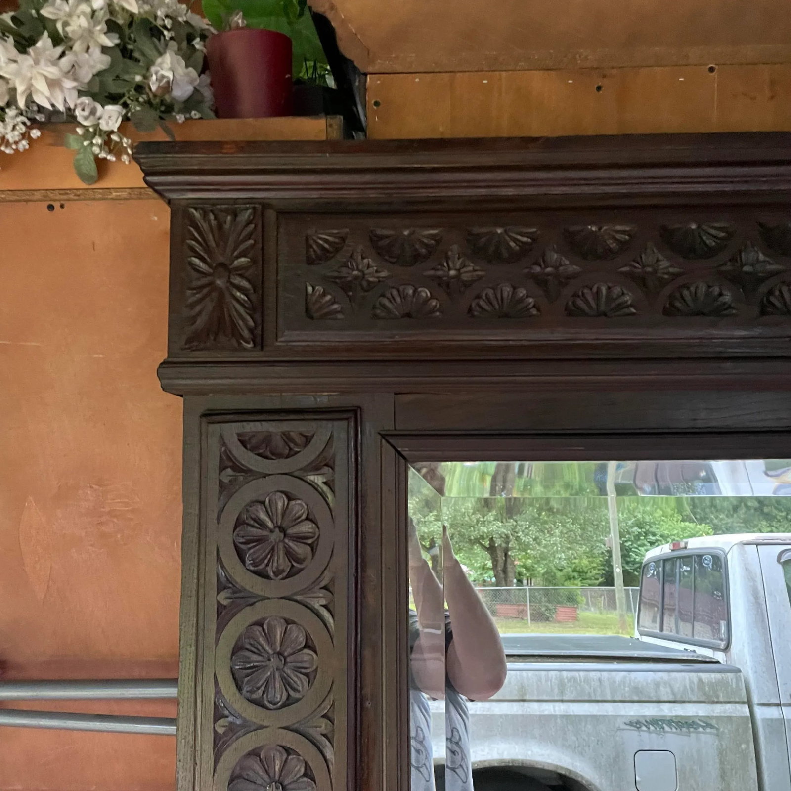 Victorian Hand-Carved Wall Mirror C. 1870-1900 - Ornate Floral & Fan Motifs - 4
