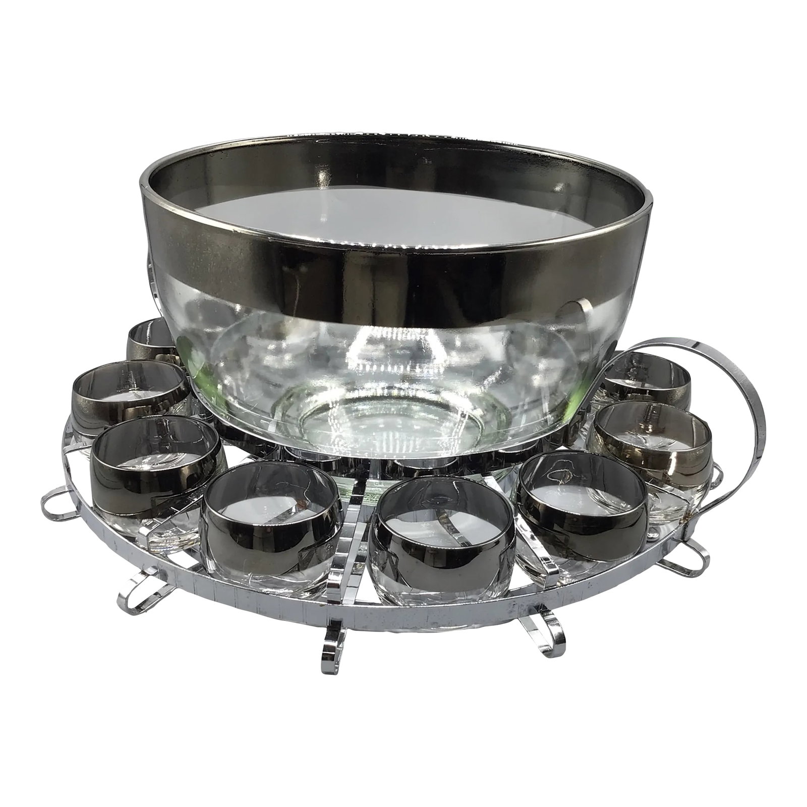 Queen's Lustreware Ltd. Wide Platinum Band Punch Bowl, Cups and Handled Chrome Plated Carrier-Set of (1 of 13)