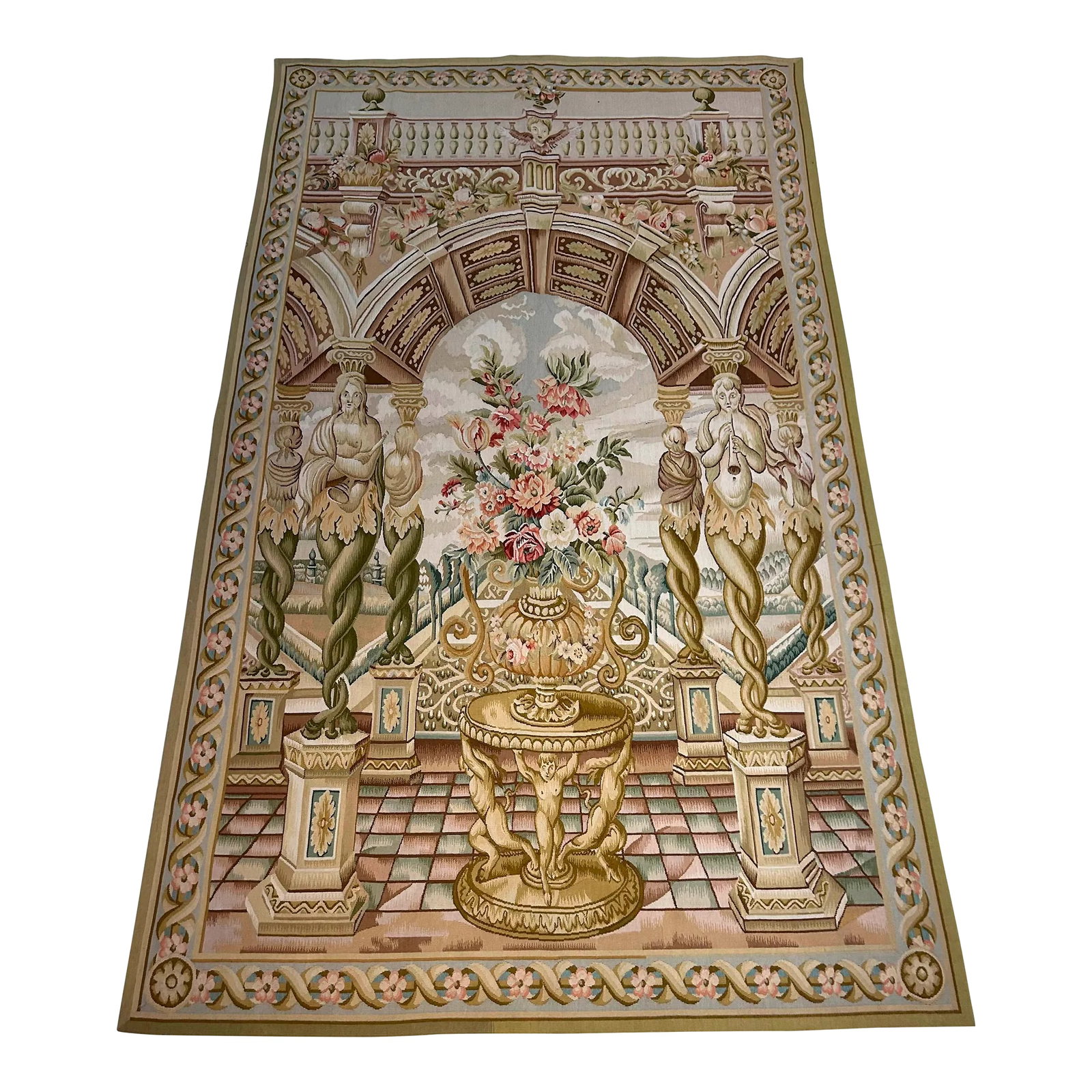 1990s Tapestry Handmade Garden Scene: The Tapestry is handmade. The scene depicts an artistic scene with the intention of putting it in a wall.this a beautiful garden The rich flora of this tapestry is harmonized with the ornate and