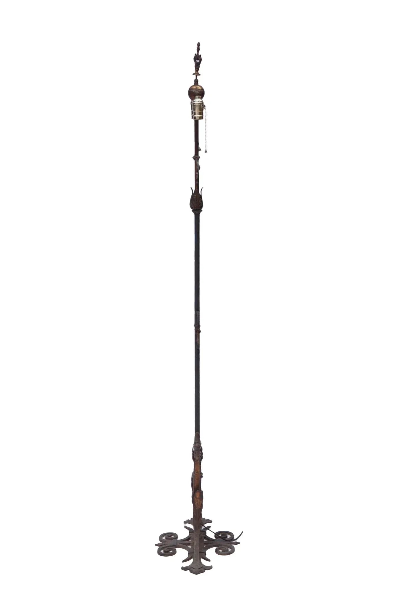 Early 20th Century Art Noveau Bronze, Brass & Iron Floor Lamp, PB Linen Shade - 11