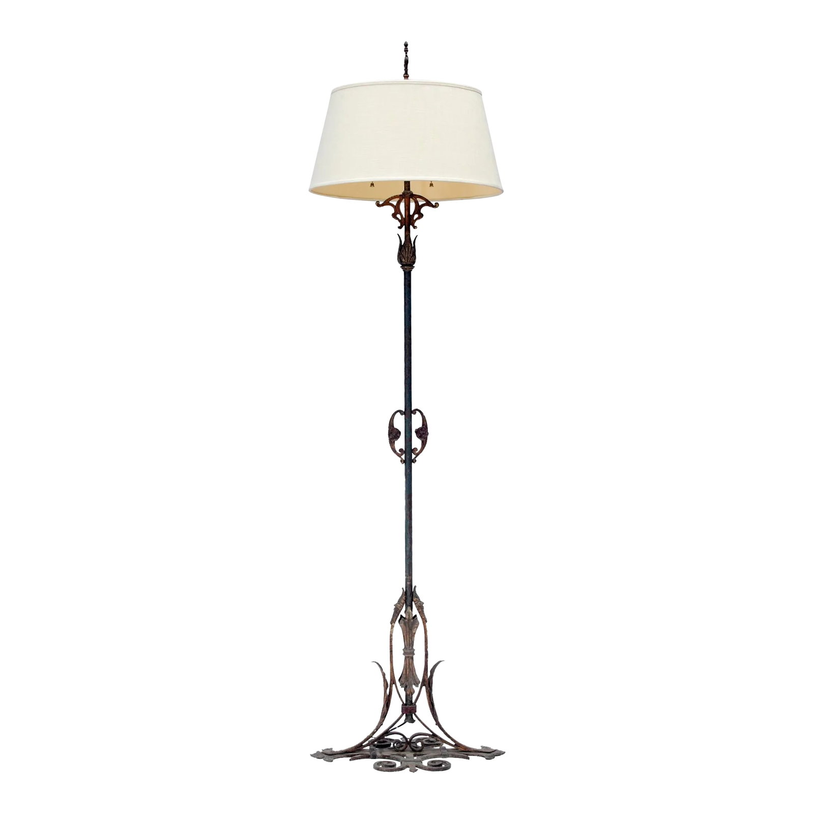 Early 20th Century Art Noveau Bronze, Brass & Iron Floor Lamp, PB Linen Shade (1 of 12)