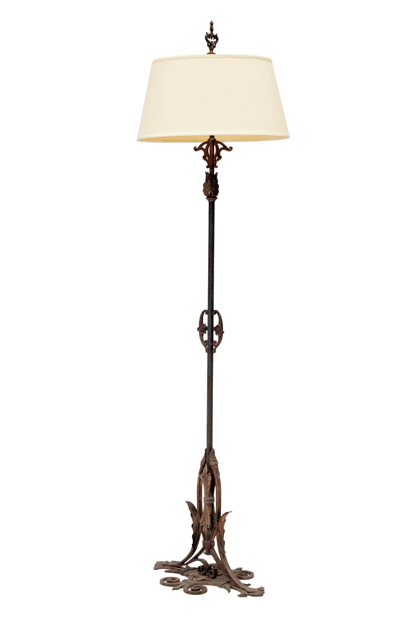 Early 20th Century Art Noveau Bronze, Brass & Iron Floor Lamp, PB Linen Shade - 2
