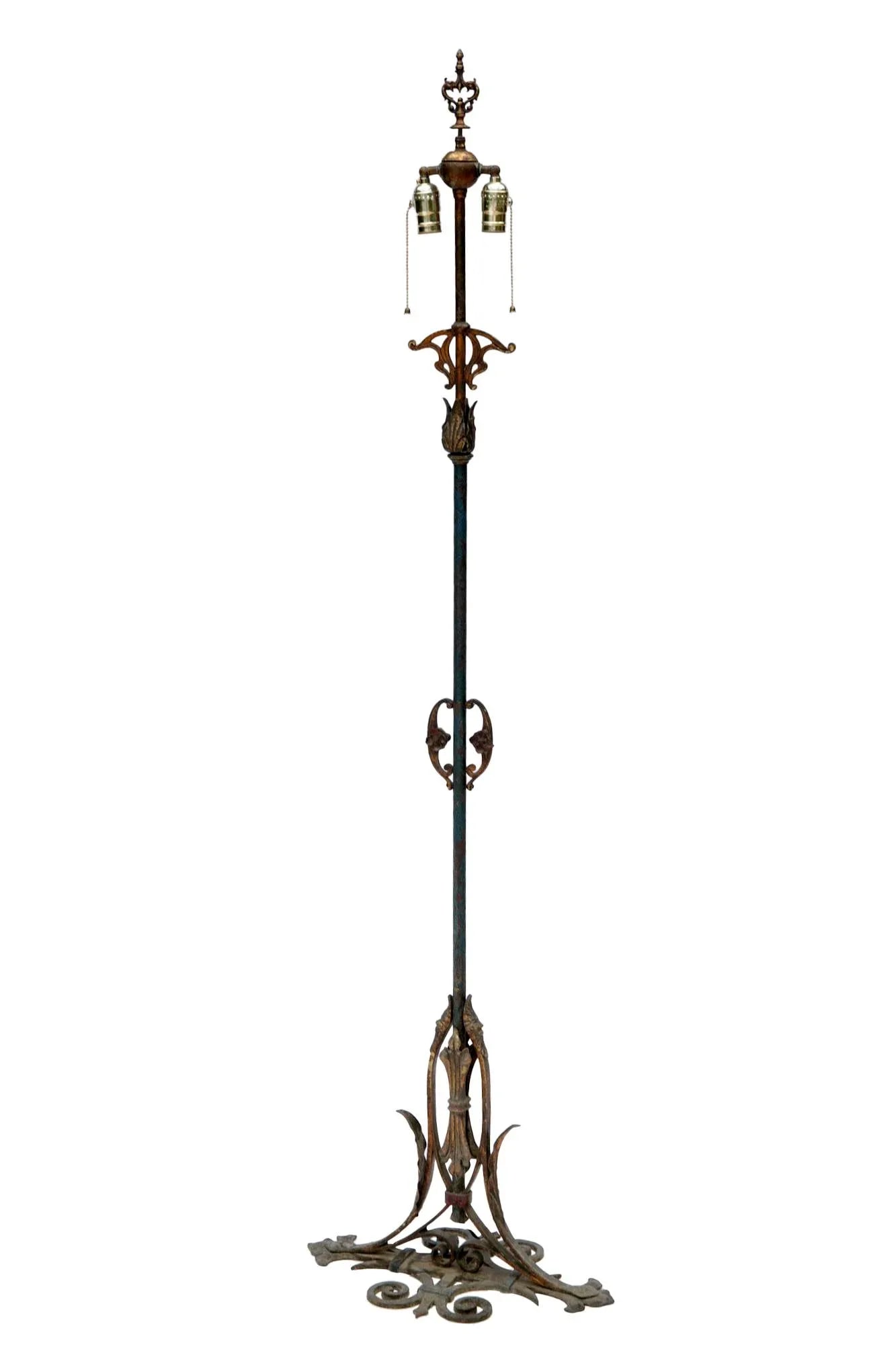 Early 20th Century Art Noveau Bronze, Brass & Iron Floor Lamp, PB Linen Shade - 3