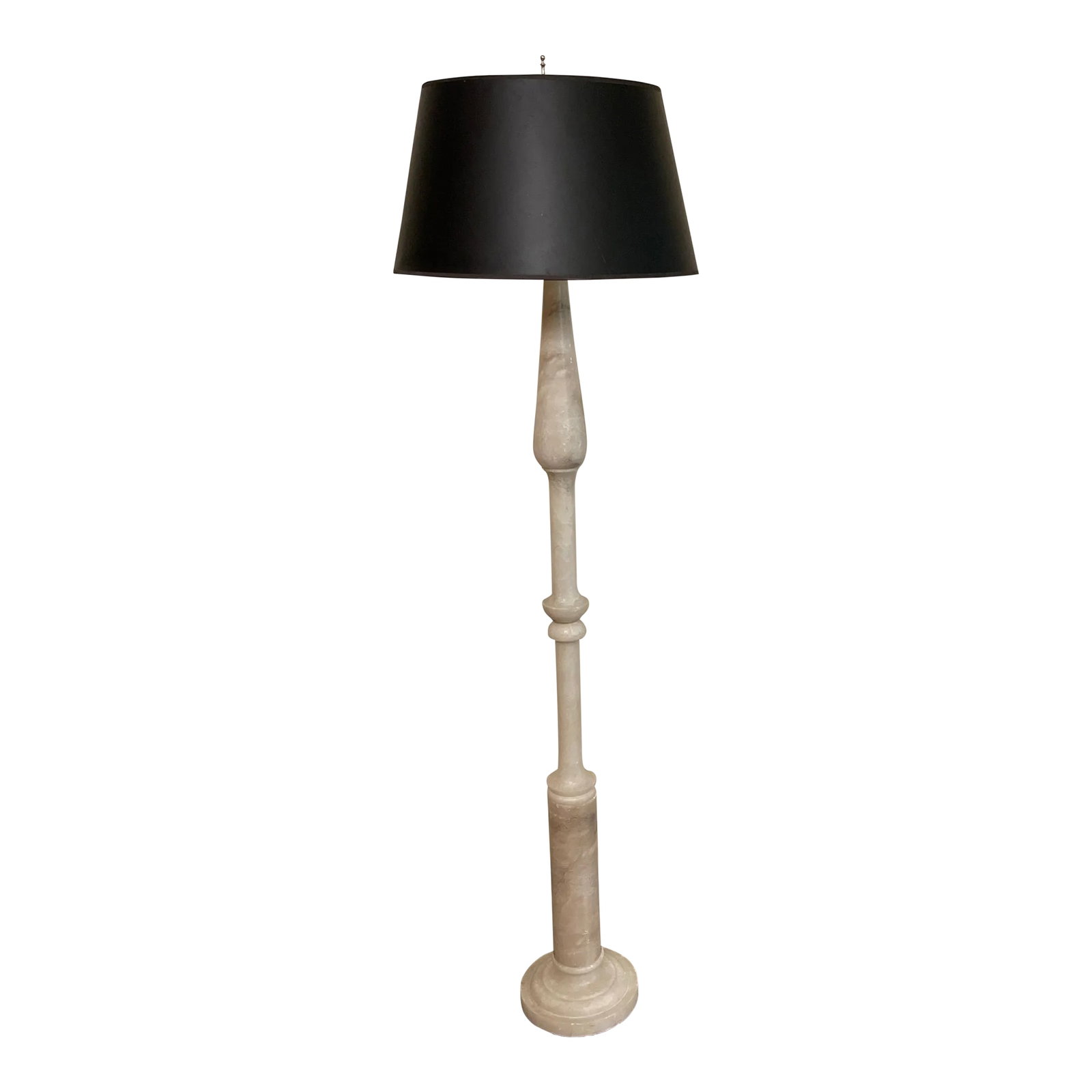 1920s Italian Alabaster Floor Lamp: Antique White Alabaster or Marble Floor Lamp with clean contemporary lines! Would work great in a traditional or contemporary interior! Black hardback Empire Lampshade with Feathered Gold lining! Lamp