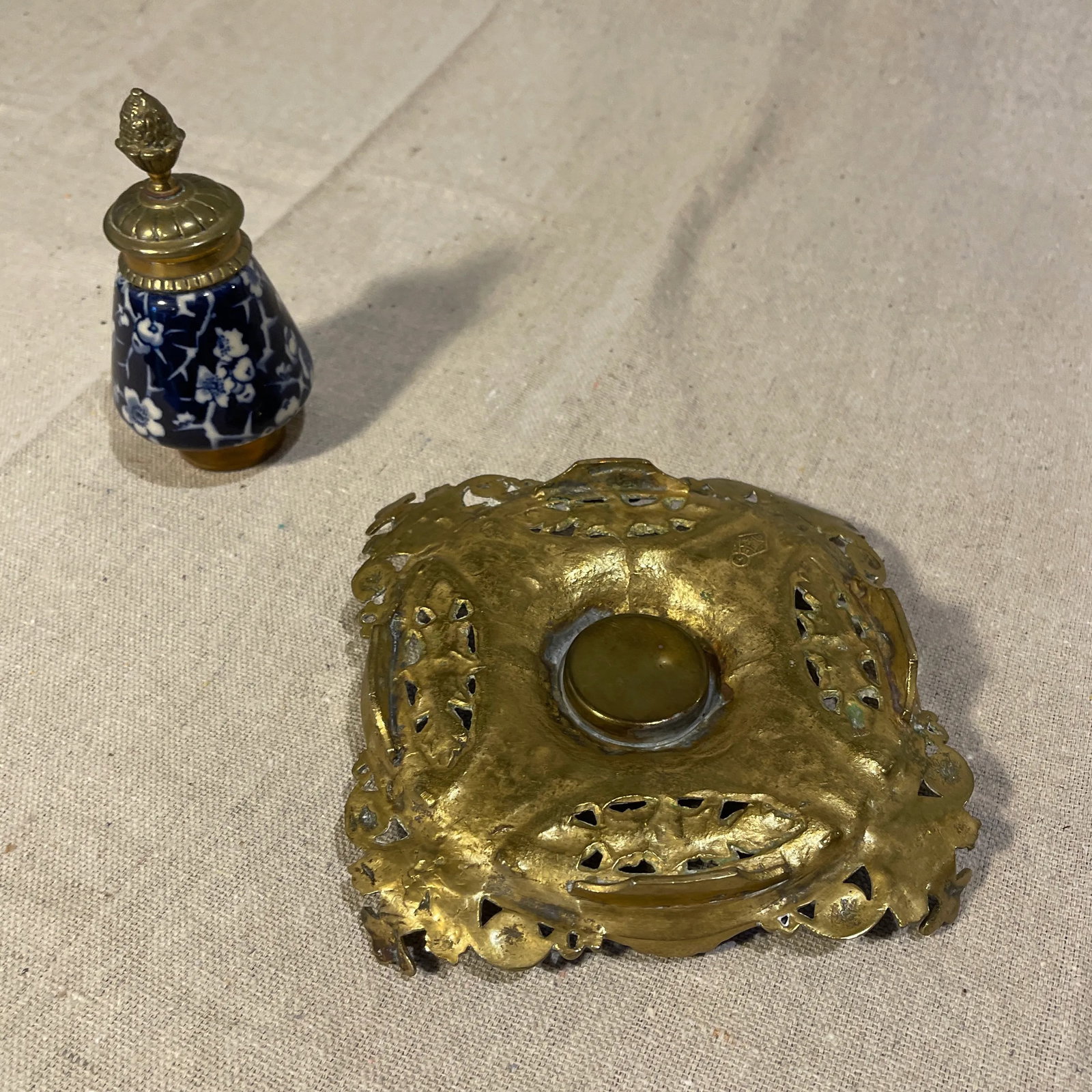 Late 19th Century English Brass & Porcelain Renaissance Revival Inkwell - 2