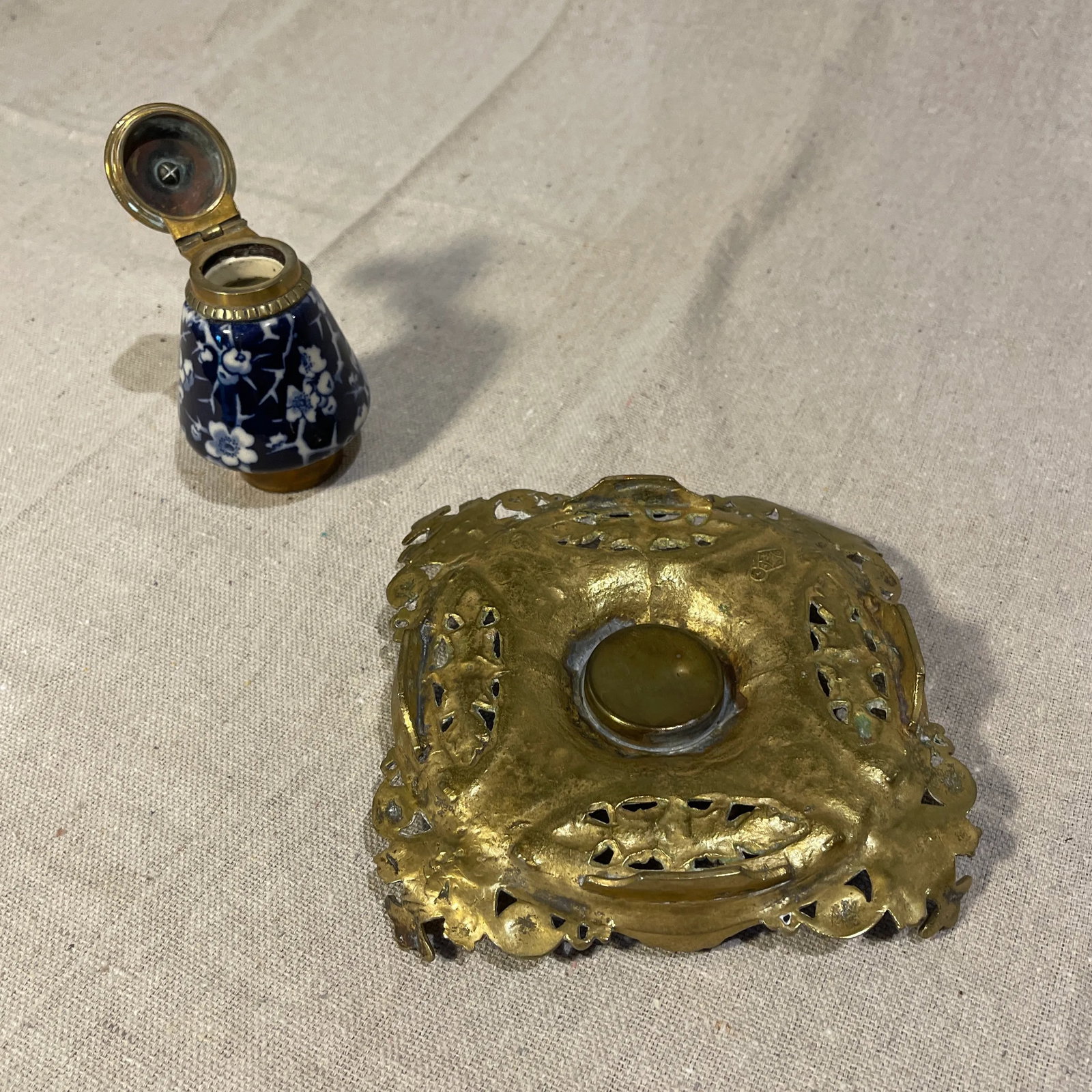 Late 19th Century English Brass & Porcelain Renaissance Revival Inkwell - 3