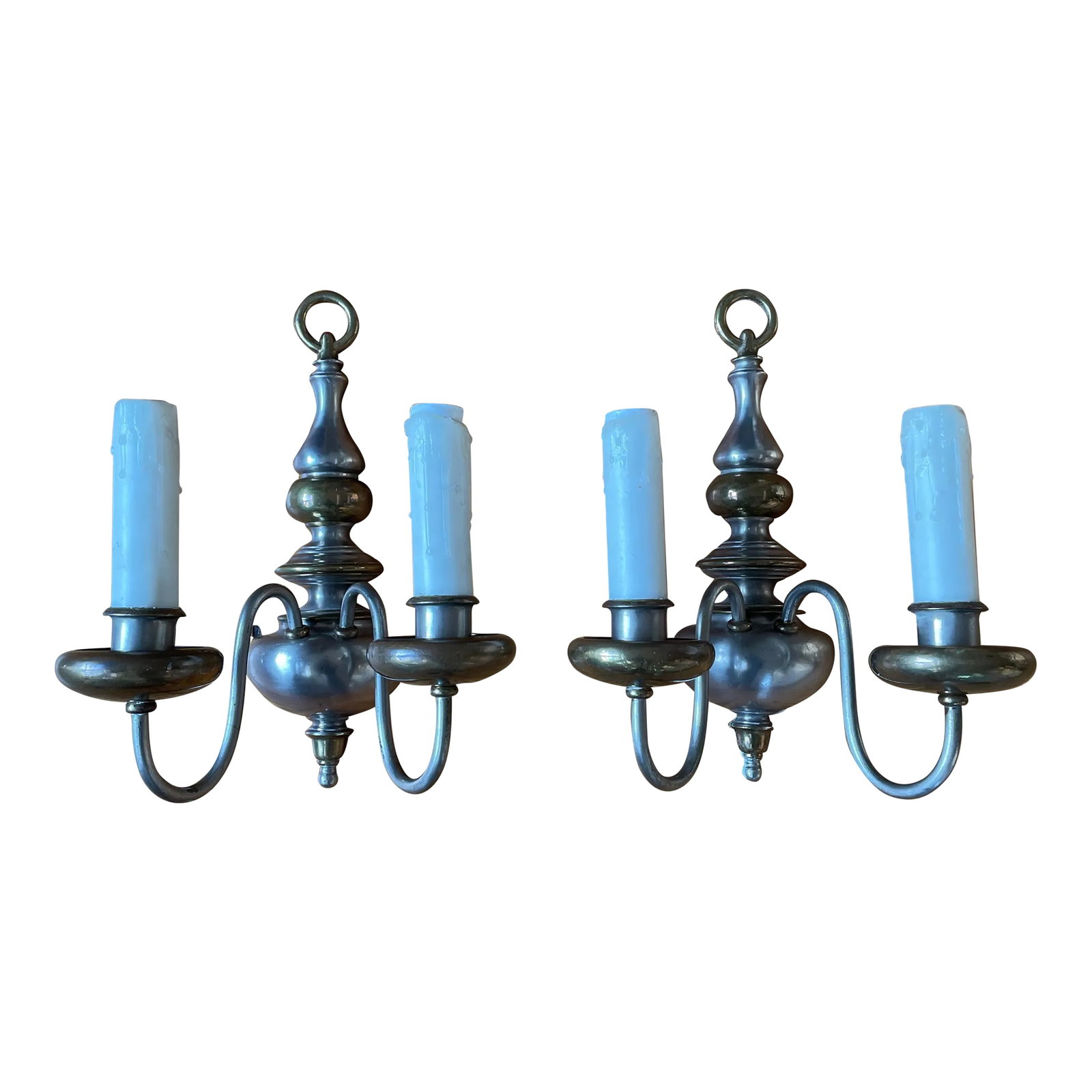 Vintage Nickel and Cast Brass American Colonial Wall Sconces - a Pair: Wonderful pair of Edward F. Caldwell & Co American colonial wall sconces. Hand cast in brass and nickel, each measures 14 H x 11"W x 7"D. Sconces carry two bulbs, each featuring a realistic candle-lik