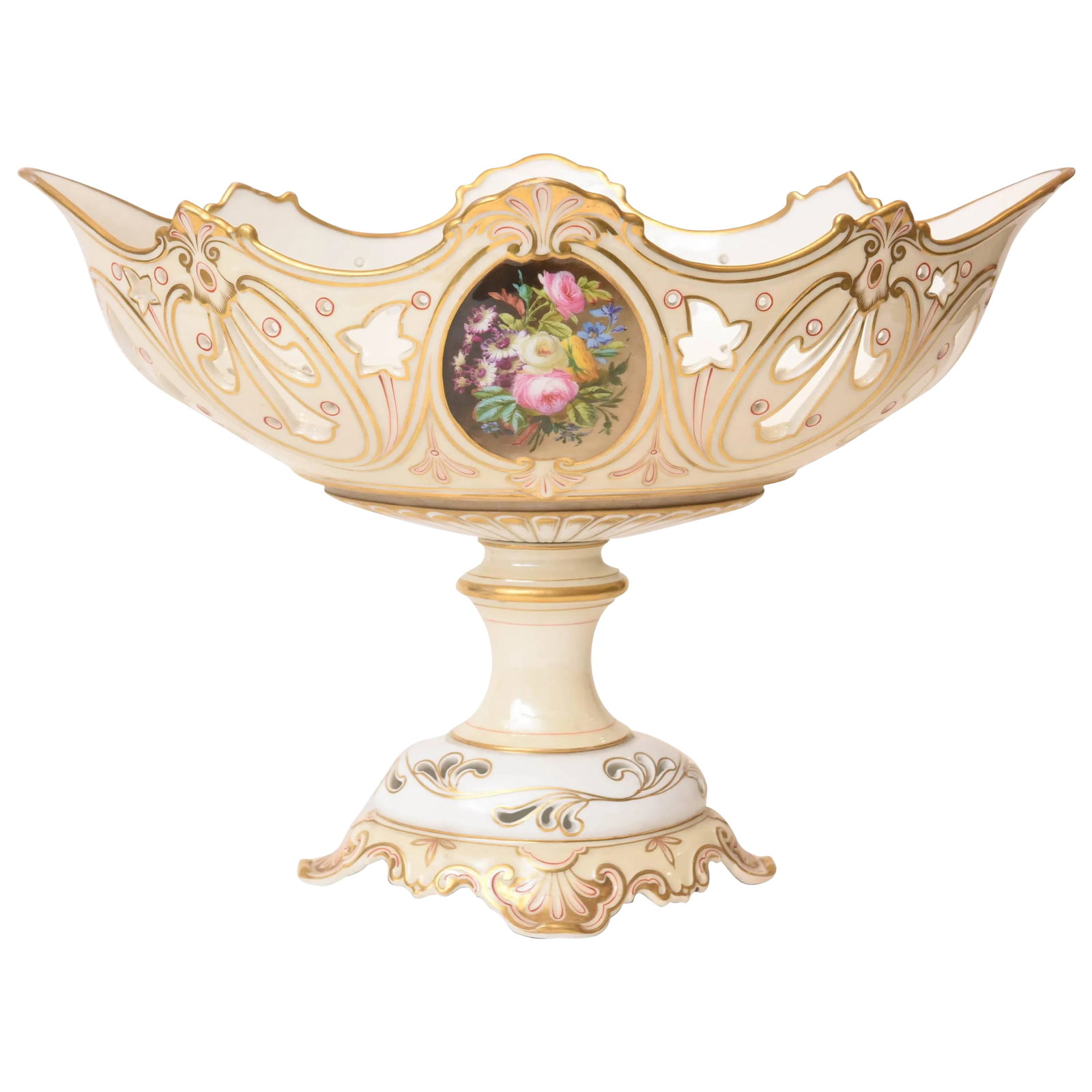 19th Century Old Paris Porcelain Centerpiece, Hand-Painted Florals: A stunning piece of Old Paris porcelain that features two sides of beautiful hand-painted floral panels, hand-cut work and hand-painted trim. Nicely shaped with a long and deep boat shaped bowl and a