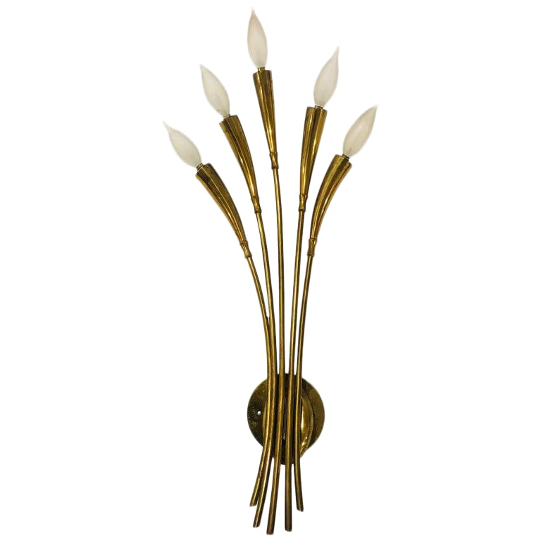 Vintage Mid-Century Lumi Italian Floral Wall Light: A splendid handcrafted golden brass large five light floral wall light by the famed Italian lighting company, Lumi. Newly rewired with matching backplate. Condition: Alterations: Original Condition