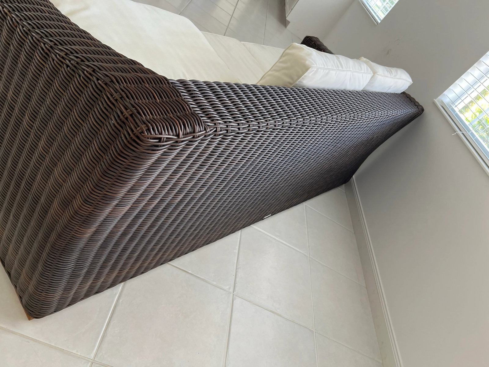 Vintage Brown Weaved Couch With White Cushions - 8