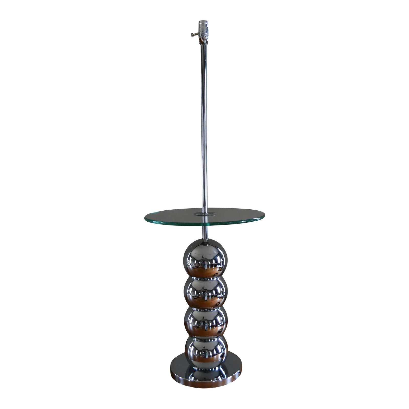 Mid-Century Modern George Kovacs Style Chrome Stacked Ball Brass Floor Lamp: Stacked chrome ball floor lamp/table by George Kovacs circa 1969, though having no marking. 16'' * 16'' * 56" Condition: Alterations: Restored Imperfections: Some Imperfections Condition Notes: Chrome