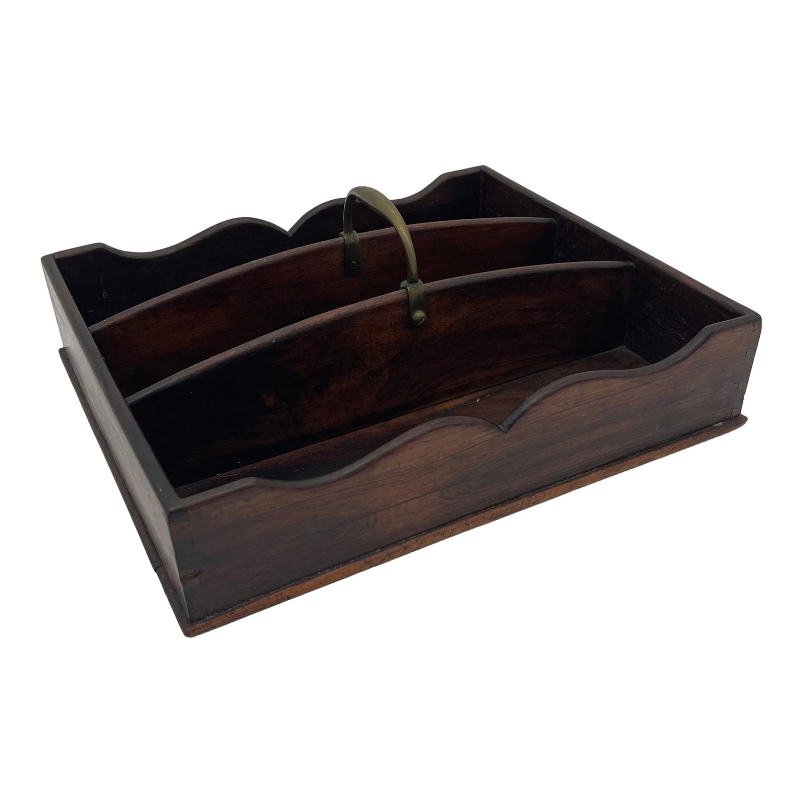 Antique Mahogany Cutlery Tray: Nice Early 19th Century Georgian Mahogany Cutlery Tray with shaped edge and a brass carrying handle. Dovetailed construction Condition: Alterations: Original Condition Unaltered Imperfections: Some
