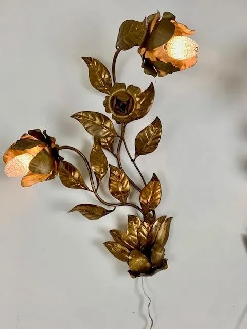 Vintage Italian Goldleaf Wall Sconces With Crystal Bulb Covers - A Pair - 2