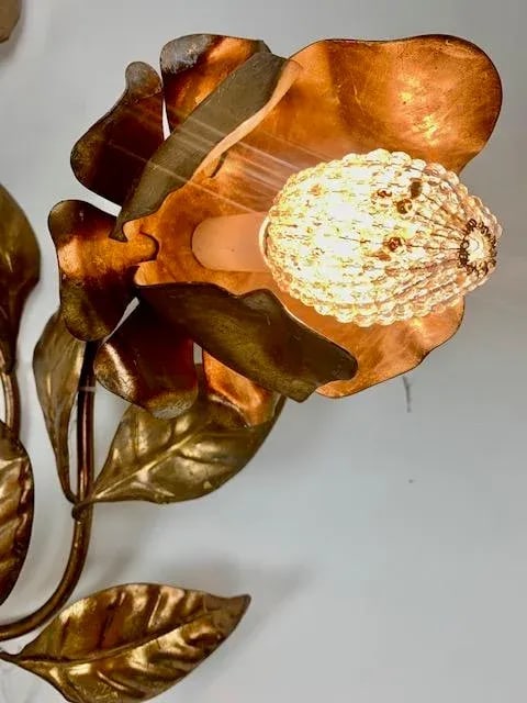 Vintage Italian Goldleaf Wall Sconces With Crystal Bulb Covers - A Pair - 6
