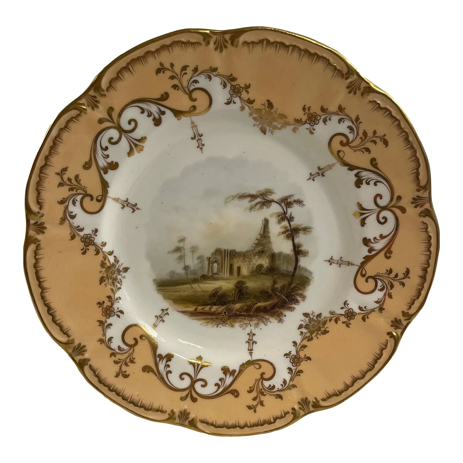 Early 19th Century Victorian Hand Painted Plate - Daniel Stanhope: Daniel Stanhope Scalloped apricot border with gilt scrolls & foliage on inner edge. British. HandPainted ruins Condition: Alterations: Original Condition Unaltered Imperfections: Some Imperfections