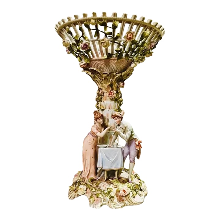 Antique Schierholz German Porcelain Figural Centerpiece-1800s-Victorian: Exquisite 19th-century porcelain centerpiece by C.G. Schierholz & Sohn, Plaue, Germany, circa 1880-1895. Founded in 1817, Schierholz became celebrated for Rococo Revival figural wares richly adorned
