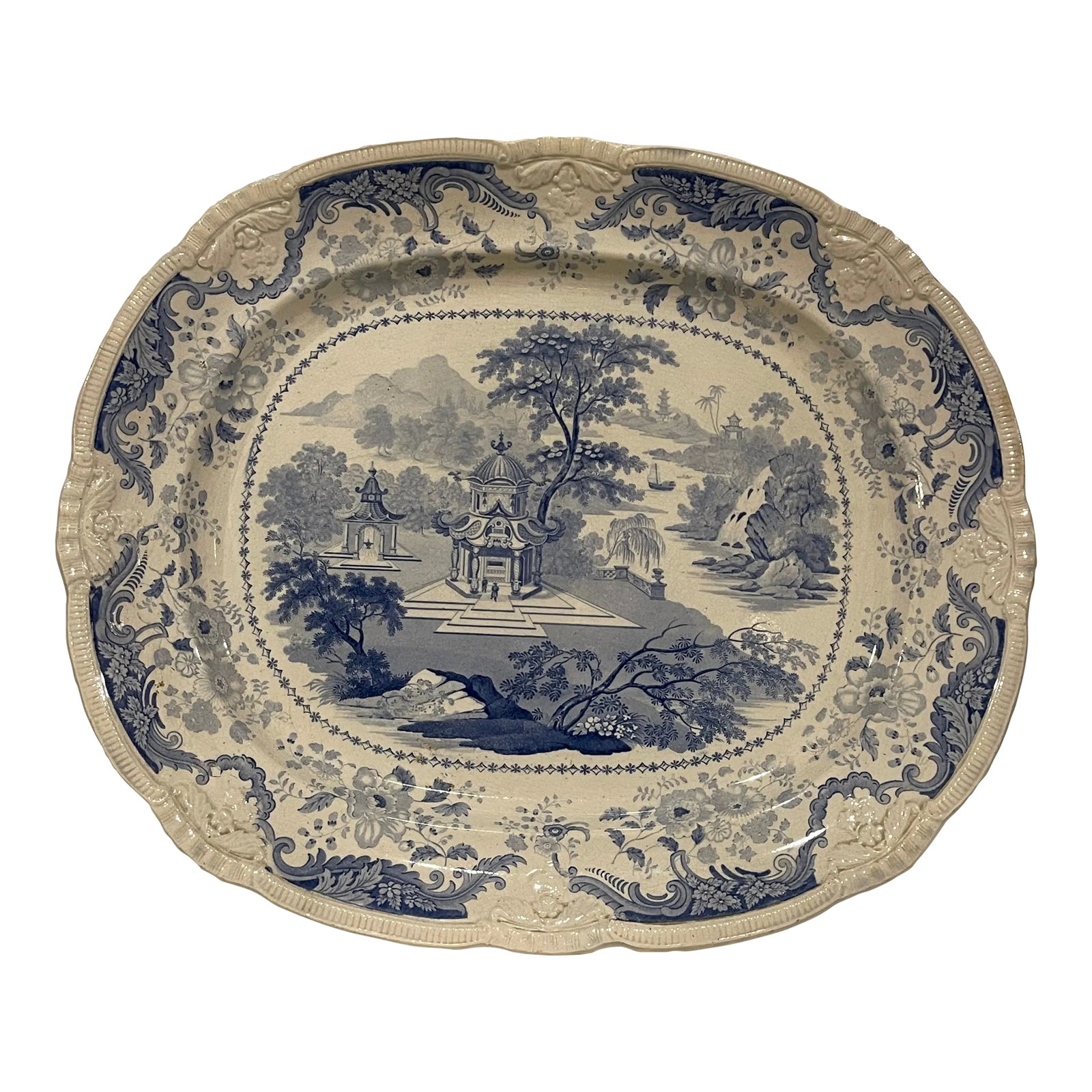 Early 19th Century English Blue and White Platter With Pagoda (1 of 6)