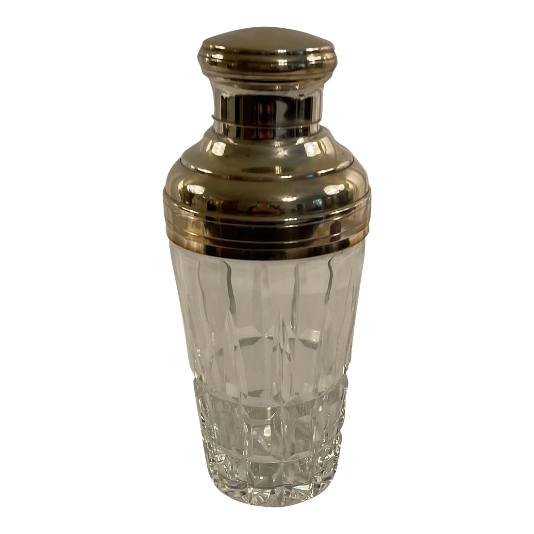 Mid 20th Century St Louis Crystal Cocktail Shaker: Make your martinis in style with this exceptionally fine cut French, Crystal and Silverplated cocktail shaker by the world renowned factory of St. Louis. Acid etched mark on bottom. Saint Louis.