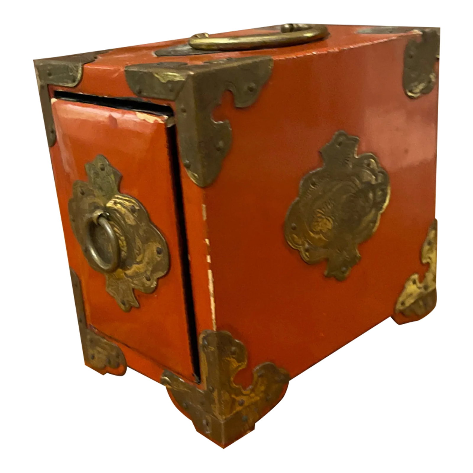 Asian Style Lacquer Playing Card Box: Mid Century Chinoiserie Persimmon Lacquer Box with engraved brass corners and handles, having a front drawer with center slot for playing cards. Condition: Alterations: Original Condition Unaltered