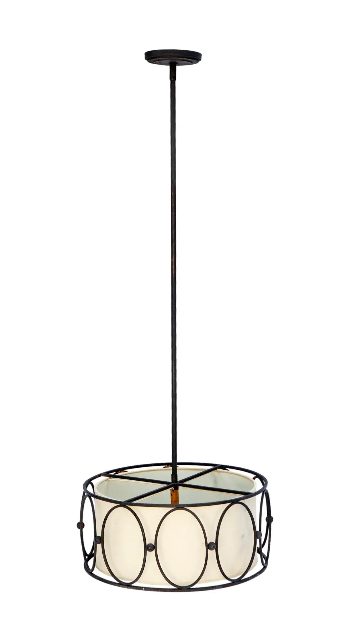 Late 20th Century Iron Pendant Fixture /Linen Interior Shade - 2