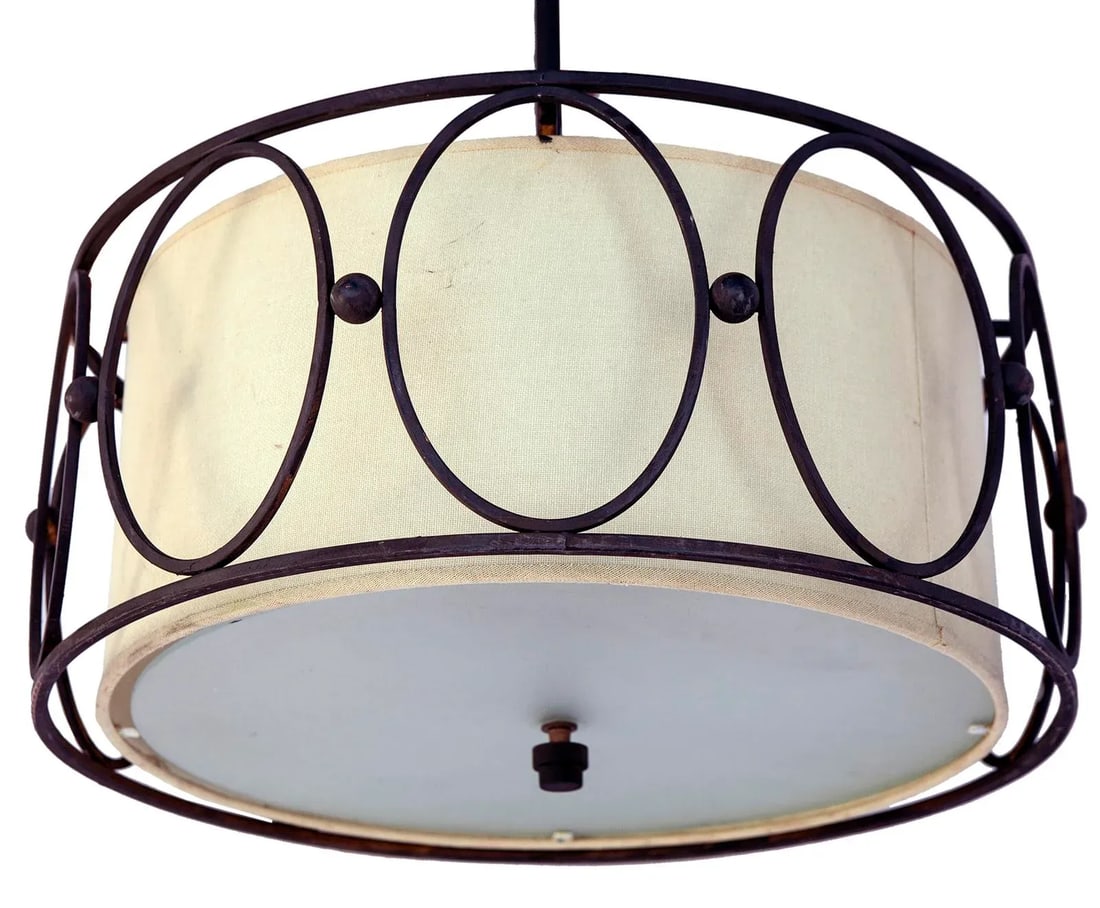 Late 20th Century Iron Pendant Fixture /Linen Interior Shade - 3