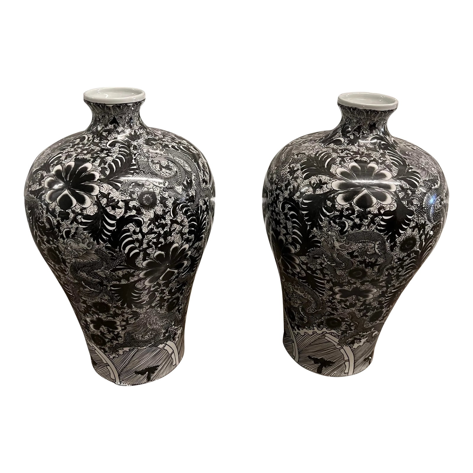 Legend of Asia Black and White Vases - Set of 2: A pair of gorgeous dramatic vases in black and white with a dragon pattern . these vases would add instant drama and pop to any room. Large sized and look great on a large console table. Made by
