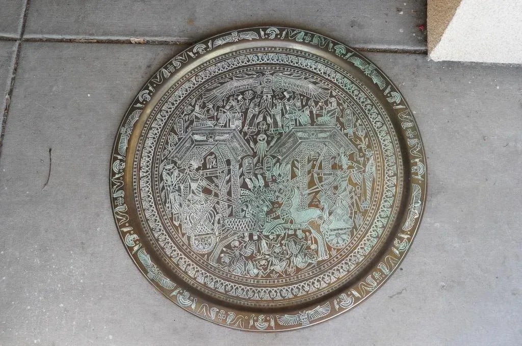 Large 30" Egyptian Hieroglyphics Inspired Copper Platter Tray Charger - 10