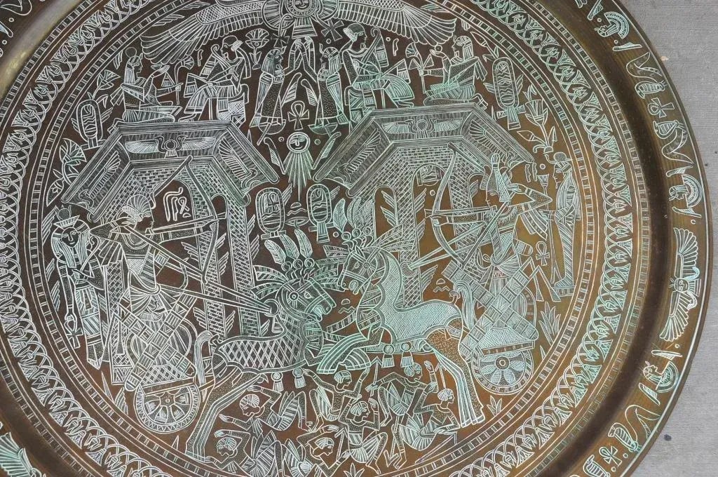 Large 30" Egyptian Hieroglyphics Inspired Copper Platter Tray Charger - 11