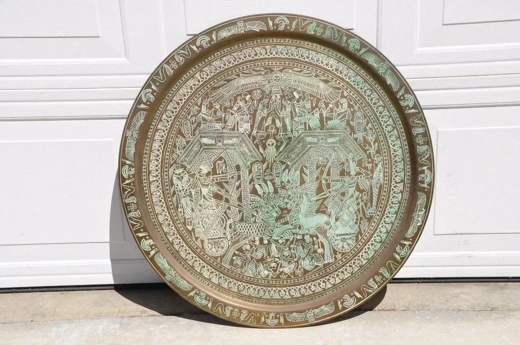 Large 30" Egyptian Hieroglyphics Inspired Copper Platter Tray Charger - 12