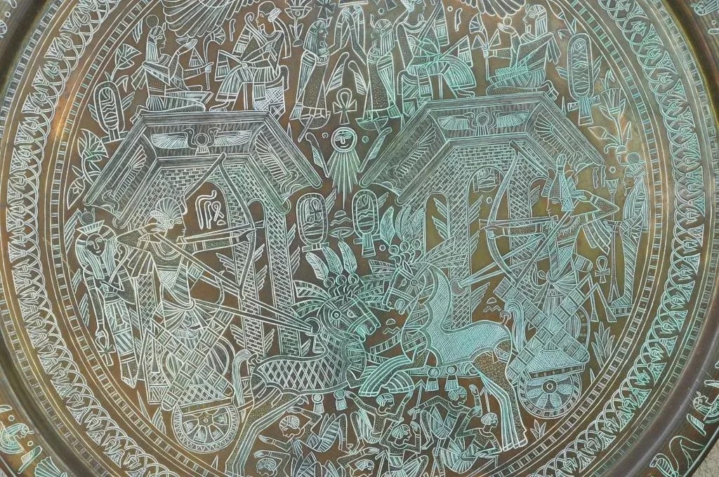 Large 30" Egyptian Hieroglyphics Inspired Copper Platter Tray Charger - 5