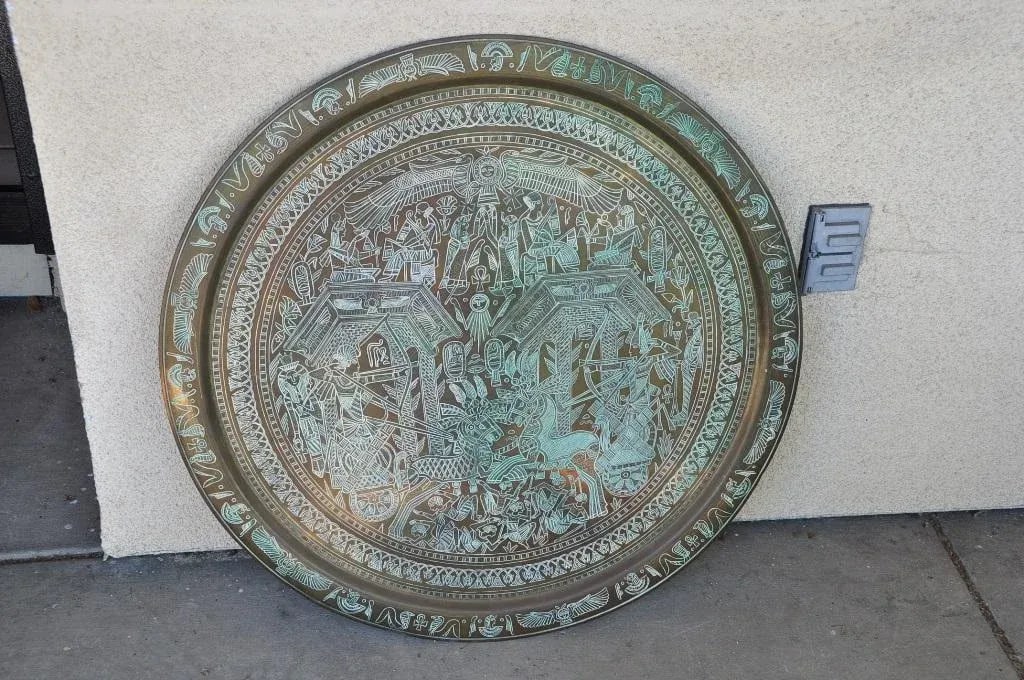 Large 30" Egyptian Hieroglyphics Inspired Copper Platter Tray Charger - 6