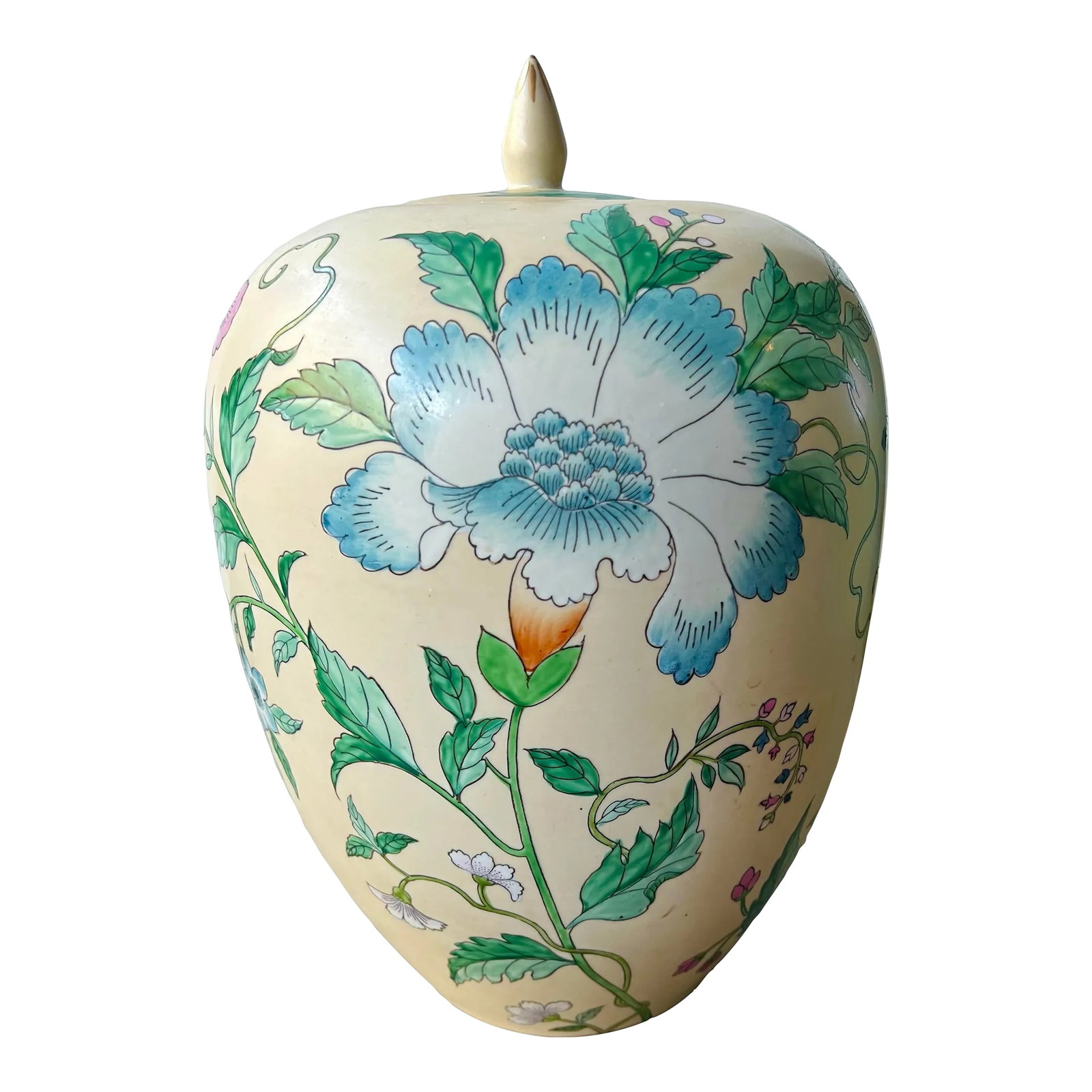 Vintage Chinoiserie Floral Ginger Jar With Lid: Vintage tall Ginger jar with hand painted pastel flowers. Stands 13" tall with the lid. The width is about 8 1/2 " wide. From an Estate in Rhode Island. Dating Midcentury from 1940s-60s. Condition: