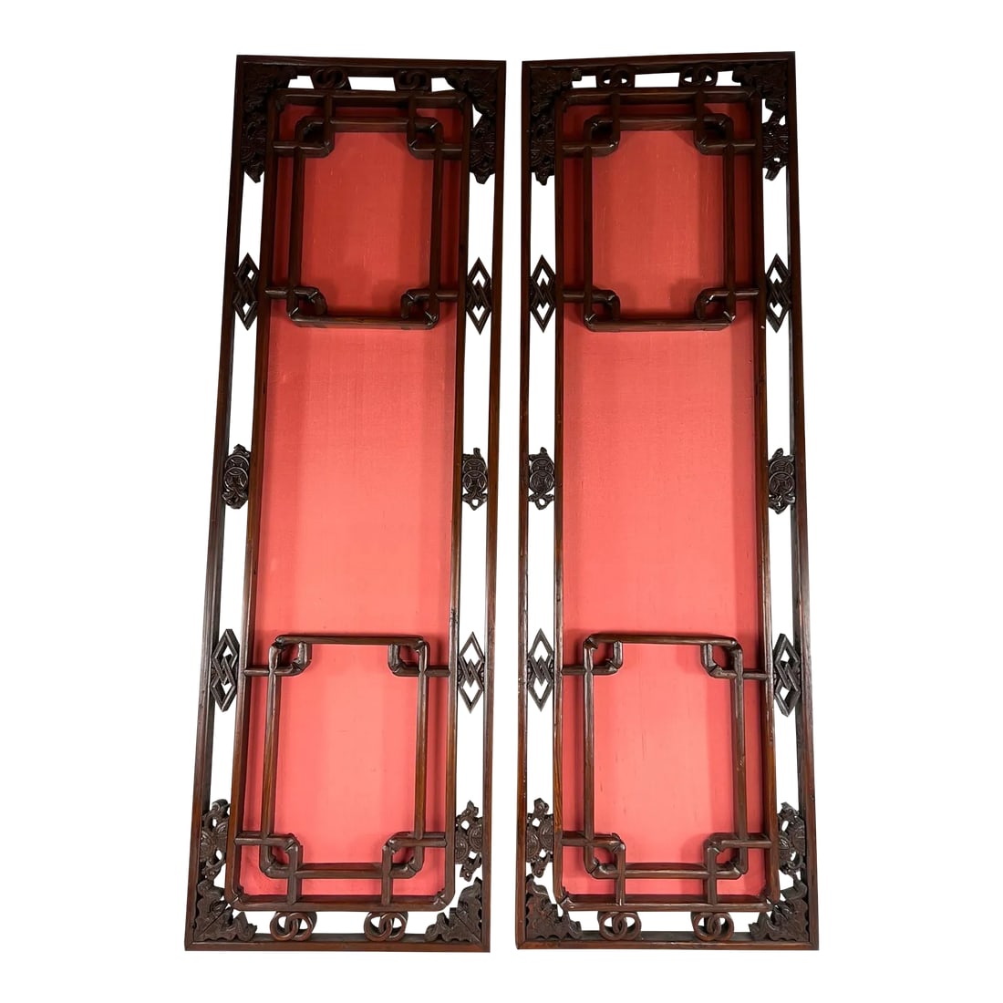 Pair of Antique Chinese Lattice Window Panels With Auspicious Symbols: China is a very large country with many provinces. Each province has her own distinctive architecture and furniture styles. Some provinces are rural, and the taste is often associated with rustic
