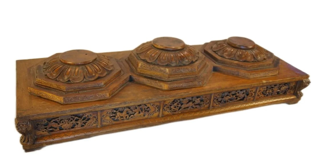 Elaborate Antique Carved Wood Stand for Three Statues - 2