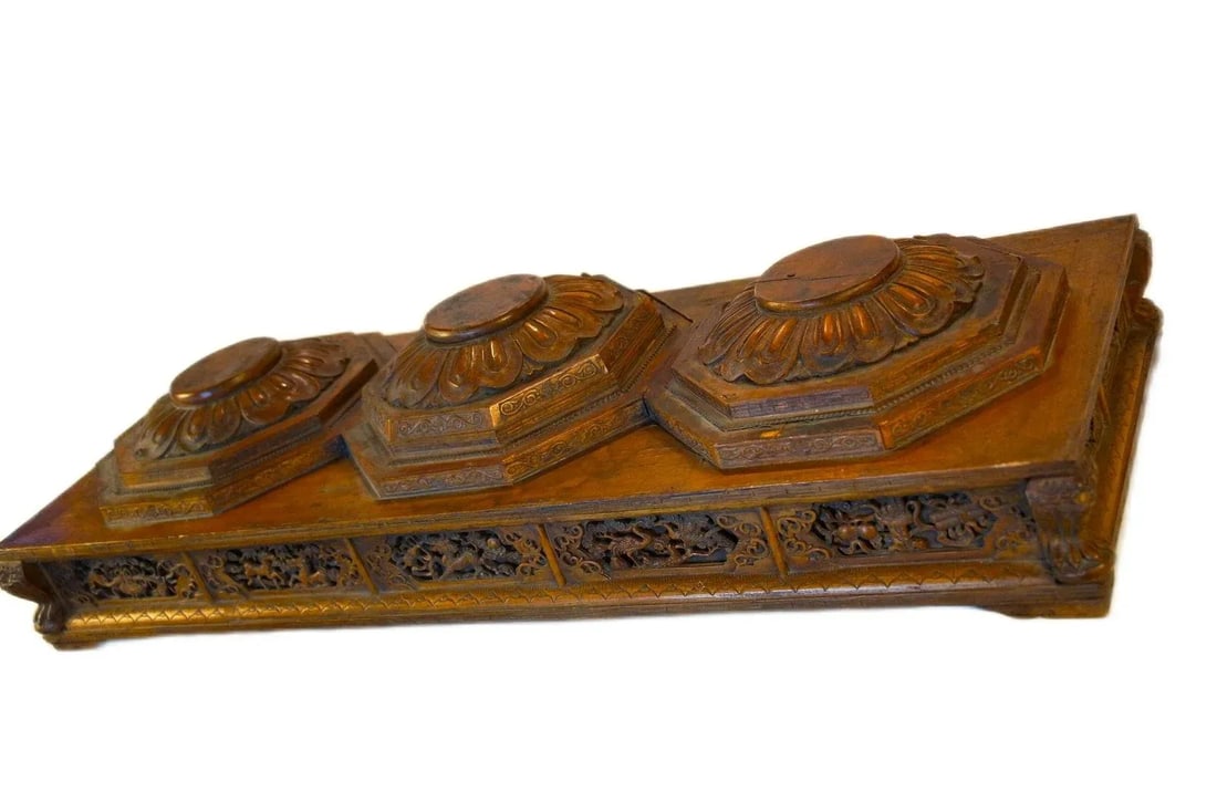 Elaborate Antique Carved Wood Stand for Three Statues - 3