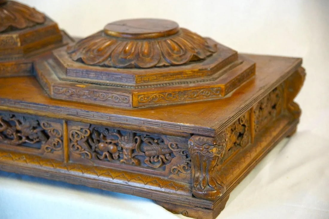 Elaborate Antique Carved Wood Stand for Three Statues - 4