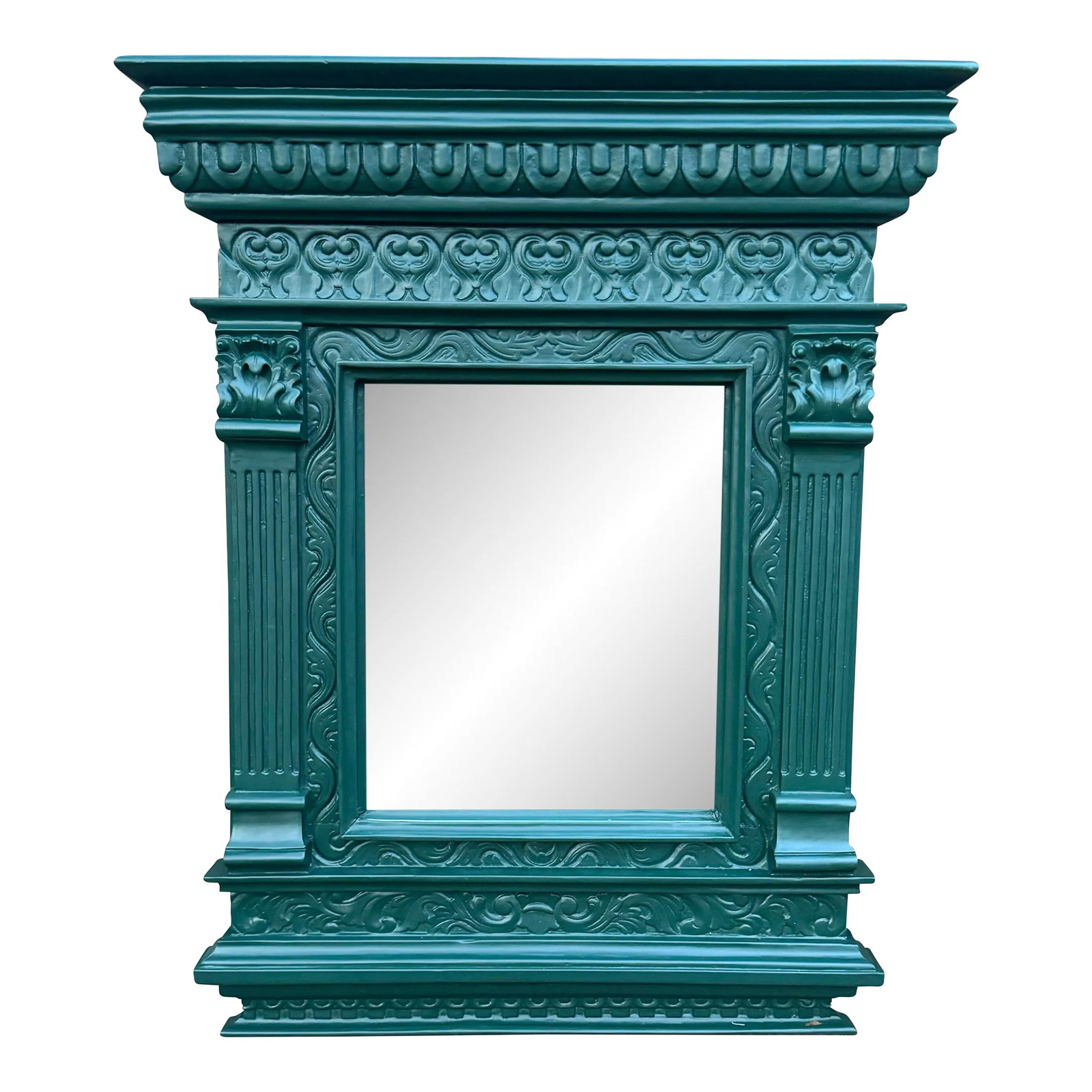 Dauphine Hand Carved Wood Frame Mirror.595: Solid wood hand carved mirror newly painted a vibrant deep green. Condition: Alterations: Original Design Modified Imperfections: Some Imperfections Condition Notes: Restored, good condition.